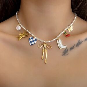 Faux Pearl Necklace with Charm Pendants